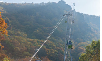 Kabinenbahn im Herbst, Blick von der Talstation hinauf zum Hexentanzplatz