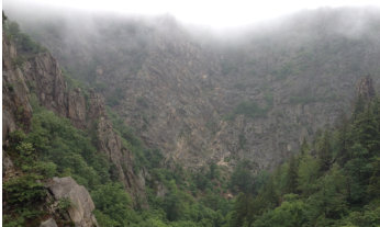 Schlucht im Bodetal, die Bergspitzen sind etwas im Nebel versunken.